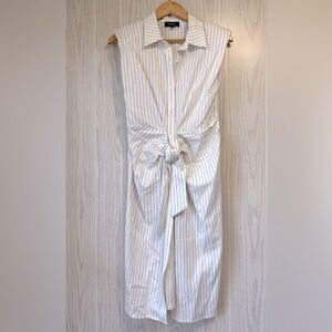 Aakaa White Striped Tie-Front Shirt Dress Women’s Size M Cotton Linen Blend